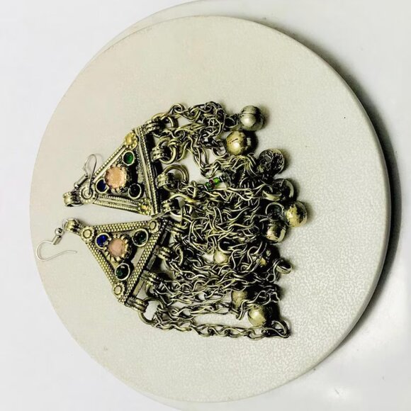 Vintage Long Bells Earrings, Silver Kuchi Boho Jewelry, Handmade Kuchi Earrings - Picture 6 of 7